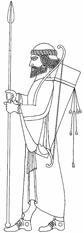 'Elamitische' Tracht Grundform.jpg - Die vorliegende Zeichnung zeigt die 'Normalform' des wohl ursprünglich aus dem Elam stammenden Schreitgewandes. Es wurde rockartig getragen und hatte eine tiefe Schreitfalte vor jedem Bein (in Seitsicht nur jeweils eine davon sichtbar). Als Oberteil kam ein kreisrunder Schulterüberwurf (stole) hinzu, der auf Brust und Rücken tief herunterhing. 'Grundausstattung' des Kriegers sind der große Bogen (Yrzi-Typ), der lange Schulterköcher (Pharetra) und die Lanze mit 'Apfel' (melos) am unteren Ende. Um den Kopf ein goldenes Strophion, Armreifen und Ohrringe.